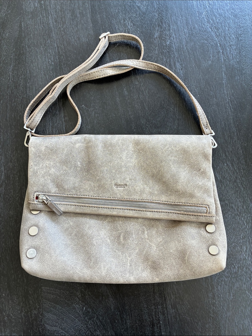 Hammitt Soft Taupe Leather Crossbody Bag with Front Zip in silver.